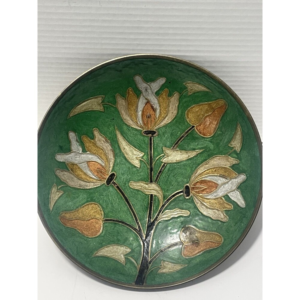 Lovely Vintage Brass Decorative Green Enamel Tulip Bowl Dish Md In India